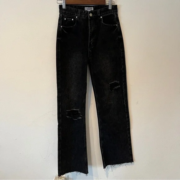 THATSSOFETCH Varski Semi-Wide Leg Black High Waisted Raw Hem Jeans - Picture 3 of 11